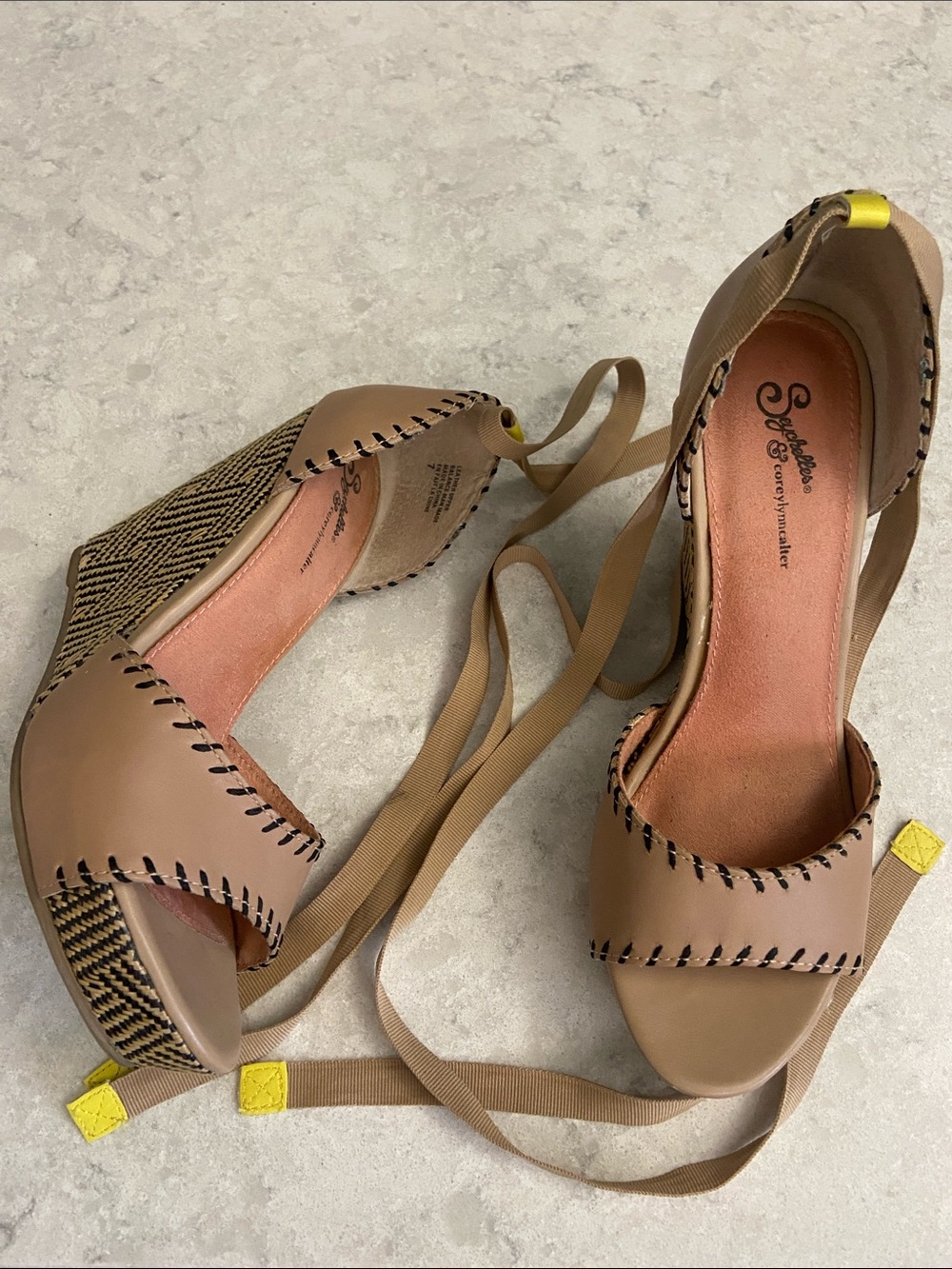 Seychelles Tan Wedge Sandals with whipstitch detailing and Ankle Tie. Size 7